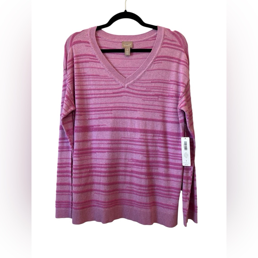 Chico's Women's Pink Striped V-Neck Sweater NWT
